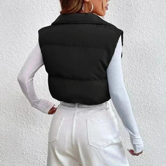 Black Casual Women's Zipper Front Vest Padded Coat - Picture 2 of 5